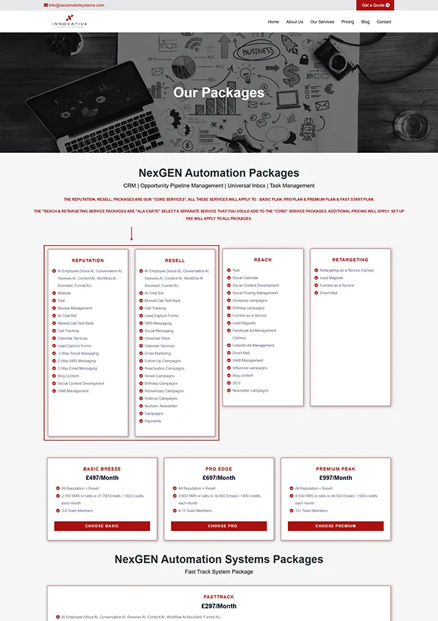 Innovative automated systems pricing page