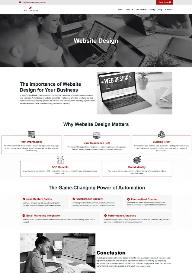 Innovative automated systems website design page